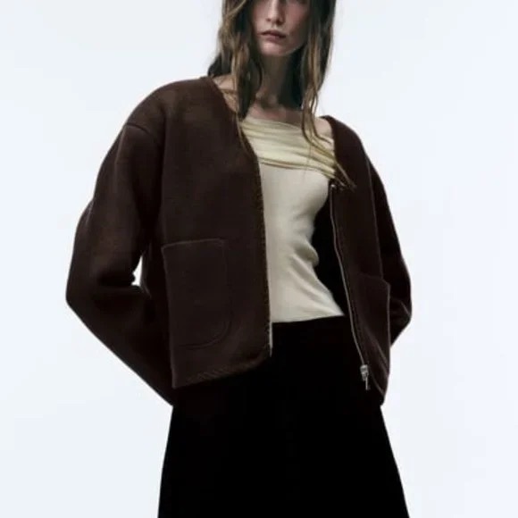 NWT Zara 100% wool chocolate brown cardigan sweater zipper velvet trim large L - Picture 4 of 4